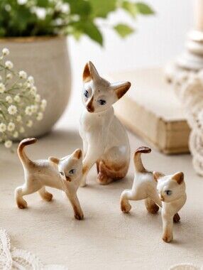 Vintage Hong Kong Mini Cat Figurines Set Cottagecore Kitten Family Decor